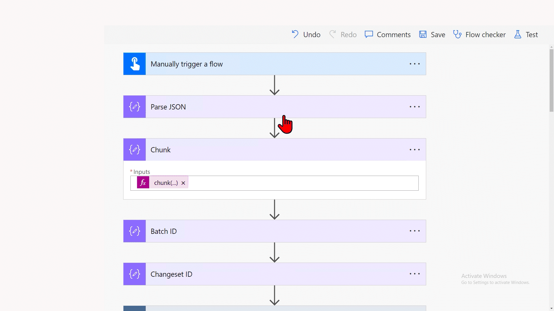 Screenshot of a Power Automate flow with steps: "Manually trigger a flow," "Parse JSON," "Chunk," "Batch ID," and "Changeset ID." The "Chunk" action is highlighted with a cursor pointing to it, and the input field shows a formula.